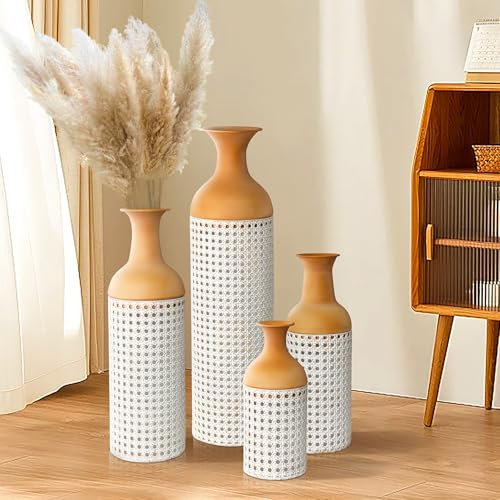 Set of 4 Metal Large Floor Vases, 68/50/40/30cm Tall Metal Giant Floor Standing Vase for Living Room Fireplace Hallway Corner Office Decor (White&Yellow)