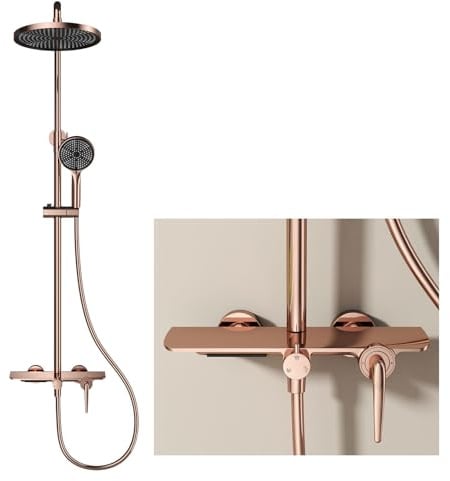 HKTHE Système de Douche, HSS0530 Moderne 3 Fonctions Ensemble de Douche, 10in/25cm Colonne de Douche, Robinet de Baignoire Cascade, Douchette à Main à 3 Mode, 59A Cuivre, Hauteur Réglable