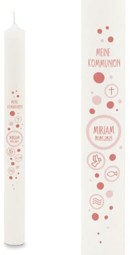 GRAVURZEILE Bedruckte Stabkerze - Kreise - Personalisiert mit Name & Datum - Geschenk zur Taufe, Kommunion oder Konfirmation - Für Jungen & Mädchen - Altarkerze 400/40 mm - Farbe: Rot