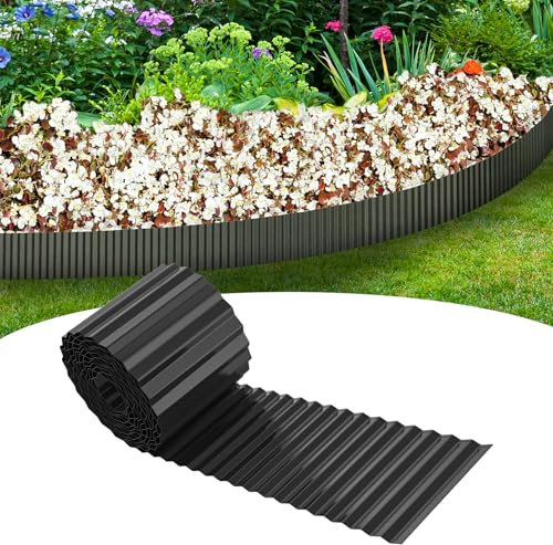 TANYEAR 10m Rasenkante Metall, Beetbegrenzung Verzinkt Rasenkante Flexible Beeteinfassung Gewellte, Beetumrandung Mähkante 15cm Höhe Rasenkanten Palisade, für Balkon Garten, Schwarz