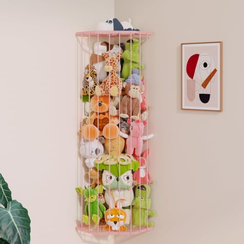 BBLlKE Stuffed Animal Storage Zoo - Corner Plush Toy Organizer Length Adjustable, Wall Hanging Stuffed Animal Net Holder for Nursery Playroom Bedroom Kids Room, Decor Shelf, Pink