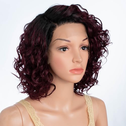 Lockige Echthaar Perücke Damen Curly Human Hair Wigs C Parted HD Lace Front Short Water Wave Bob Wig Side Part 150% Density (TT1B/99J, 12 INCH)