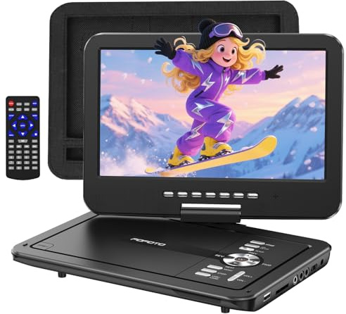POFOTO Lecteur DVD portable de 12,5 avec écran pivotant HD de 10,5, autonomie de la batterie de 6 heures, lecteur DVD de voiture avec deux haut-parleurs, prend en charge CD/DVD/USB/carte SD, support