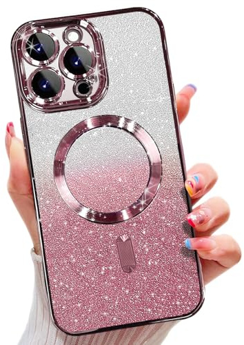 Misscase for iPhone 16 Pro Magnetic Glitter Case, Comes with Camera Lens Protector, Gradient Sparkle Full Protection Phone Bumper Cover for Women Girls, Anti-Scratch Dust-Proof-Pink