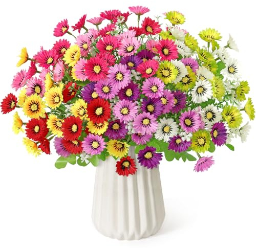 ASTNIC Flores artificiales, 4 racimos de margaritas, flores de seda sintética, resistentes a los rayos UV, para interior y exterior, jardinera de plástico, 6 colores, decoración del hogar, boda
