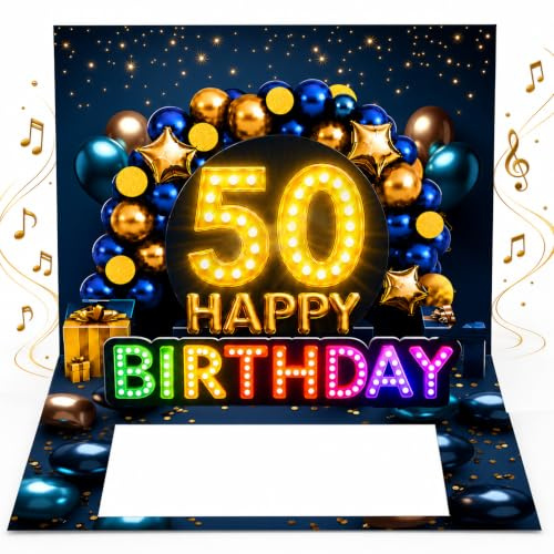 Joli Coon Geburtstagskarte 50 mit Musik und Licht, 20 × 15 cm | Pop-up-Mechanismus, Fächer für Geldscheine, Goldveredelung, passendes Kuvert, Siegelsticker, zum 50. Geburtstag