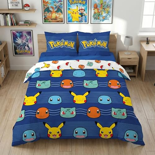 Pokémon Doppelbettwäsche 240x220 + 2 Kissenbezüge 65x65 Pikachu Wendbar | Wendebettwäsche wendbar | Mikrofaser Oeko-Tex schnelltrocknend | Pikachu Glumanda Bisasam Schiggy | 2 Designs | Geschenk