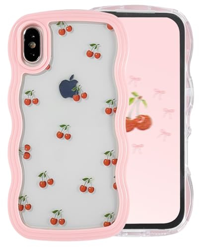 Draamvol for iPhone X, iPhone XS Case Cute Curly Wave Frame Clear Phone Case Shockproof Pink Hard PC Bumper Soft Anti-Yellowing TPU Silicone Cover for Women Girls, Cherry