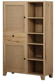 FURNARO Beitellschrank Clair Highboard Schrank Kommode in asteiche/Wiener geflecht B/H/T: 93x158x42 cm