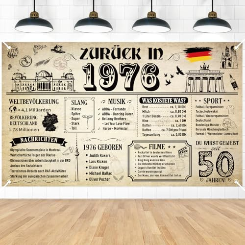 Afritee 50 Geburtstag Banner Deko Mann Frau, Zurück in 1976 50 Jahre Geburtstag Hintergrund Banner, Retro-Zeitung Party-Poster Dekoration Frauen Männer 110 X 180cm