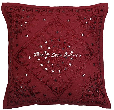 Stylo Culture Bohemio Fundas Almohadones Decorativa 40x40 cm Algodón Espejado Fundas para Cojines Sofa Granate 16x16 Inch Bordado Cuadrado sobre Funda Cojin Silla - 1 Pc