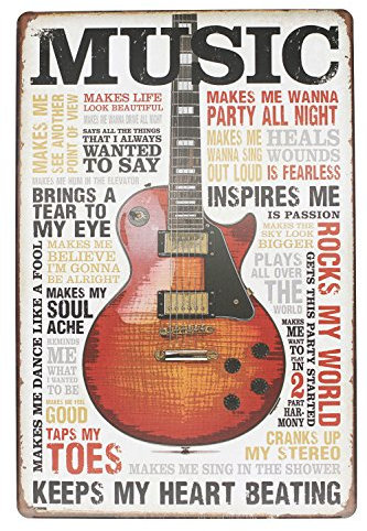 Hioni Music Inspires Me Keeps My Heart Beating Gitarre Musik Vintage Blechschild Poster Wandschild Wand Dekoration Metallschild Türschild