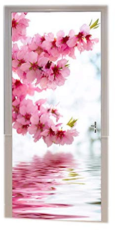 A.Monamour Türtapeten Selbstklebend 3D Rosa Frühling Kirschblüte Sakura Blumen Spiegelungen Im Wasser Natur Landschaft Türtapete Türposter Tapete 77x200cm