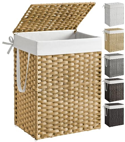 SONGMICS Laundry Hamper with Lid, 23.8 Gallon (90 L) Synthetic Rattan Clothes Laundry Basket with Lid and Handles, Foldable, Removable Liner, Goose Yellow ULCB51NL