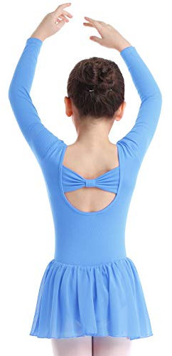 iEFiEL Mädchen Ballettkleidung Kinder Langarm Ballettanzug Ballett Trikot Body Wickelrock Tanzkleid Ballettkleid Tanzbody mit Rock Tütü mit Schleife Blau 152