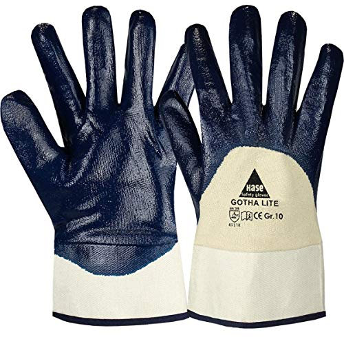 12 Paar Hase Safety Gotha Lite Nitril-Arbeitshandschuhe teilbeschichtet, ölbeständige Nitrilhandschuhe mit Stulpe Größe XL (10)