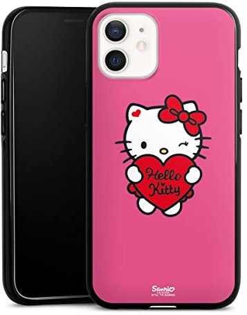 Silikon Hülle kompatibel mit Apple iPhone 12 Mini Case schwarz Handyhülle Hello Kitty Fanartikel Herz