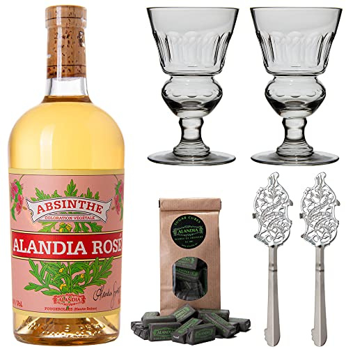 Absinth Set ALANDIA Rosé | Mit Hibiskusblüten | 2x Mundgeblasene Gläser | 2x Edelstahl Löffel | 1x Zucker | (1x 0,5 l)