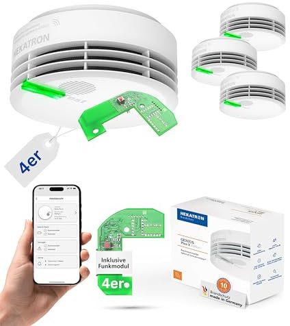 Hekatron Genius Plus X – Rauchmelder vernetzt 10 Jahre Batterie – mit Funkmodul Basis X – Testsieger Stiftung Warentest – made in Germany – Funkrauchmelder Set – mehrsprachig – 4 Stück