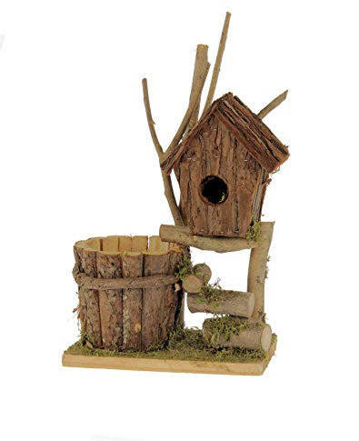 Spetebo Deko Pflanztopf mit Vogelhäuschen - 32 cm - Holz Blumentopf für Haustür oder Garten Dekoration Deko Vogelhaus