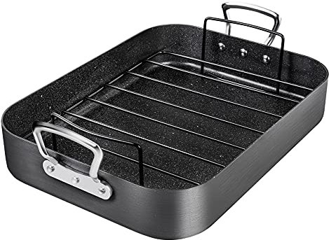 Michelangelo Roasting Pan with Rack, Hard Anodized Turkey Roaster Pan, Large Turkey Roasting Pan for Oven, Nonstick Rectangular Roaster Pan with Rack, 16 Inch x 12 Inch (40cm*30cm*8cm)