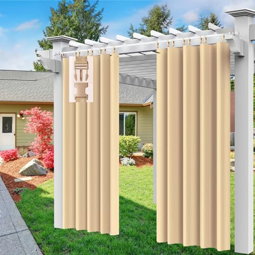 Comlax Outdoorvorhänge - Wasserdicht Outdoor Vorhang Balkon Terrasse Vorhängel UV Schutzmittel und Winddicht Vorhang, Balkon sichtschutz Vorhänge für Veranda/Pavillons 1 Stück, Beige 132x245cm