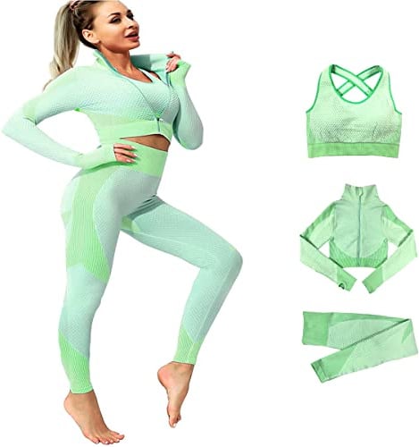 Veriliss Tracksuit For Women,3pcs Outfits Workout Joggers Yoga Gym Sportswear Leggings And Stretch Sports Bra Jumpsuits Clothes Sets（Green，S