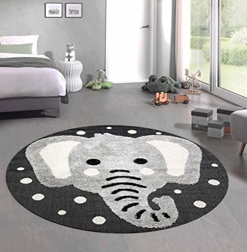 CARPETIA Kinderzimmer Teppich Baby Spielteppich 3D Optik High Low Effekt Elefant Creme grau schwarz, 200 cm rund