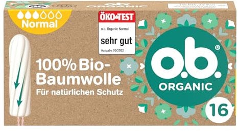 o.b. Organic Normal (16 Stück), Tampons aus 100% Bio Baumwolle mit geschwungenen Rillen für mittlere/stärkere Tage, von Öko-Test sehr gut bewertet*, für zuverlässigen Schutz während der Periode