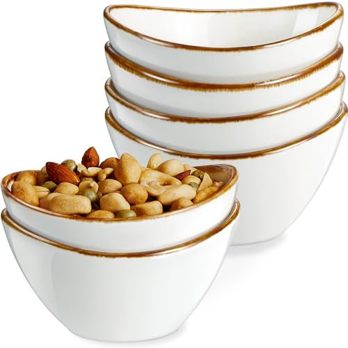 ONEMORE Ceramic Bowls, 8 oz Ice Cream Bowls Oval Snack Bowl Set of 6 Microwave Safe Small Serving Bowls with Speckled & Brown Rim for Charcuterie Board, Dessert, Dip, Cereal, Side Dishes, Creamy White