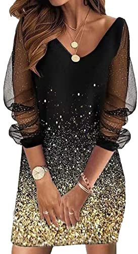 BDCUYAHSKL Abito da Donna con Scollo a V in Maglia Trasparente con Paillettes da Donna, Primavera, Maniche Lunghe, Gold, XL