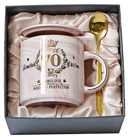 70th Birthday Gifts for Women, Fabulous 70 Aged to Perfection, 14oz Pink Ceramic Marble Coffee Mug with Golden Pattern, Unique Birthday Present for 70 Year Old Grandma Mum Auntie Wife Friend Sister