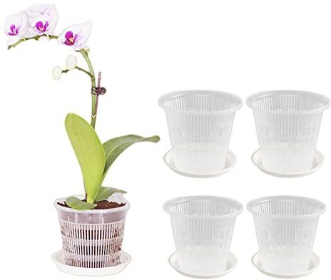 XZJMY 5 Pack Orchid Pot,4.3 Inch Orchid Pots with Holes and Saucers,Clear Plastic Orchid Pots Breathable Slotted Orchids Planter (White)