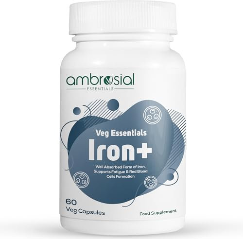 Ambrosial Iron Capsules 25mg - High Strength Iron Supplements for Women & Men - Blood Support for Tiredness & Fatigue - Non-Constipating, Enhanced Absorption - Vegan, Gluten Free - 60 Iron Capsules