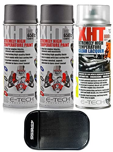 4TRESS E TECH 2 x 400ml Extremely High Temperature Graphite Spray Paint Brake Caliper Engine Block 650°C, 1 x Extremely High Temperature Cleat Coat Lacquer Spray Paint with Non Slip Car Dash Mat