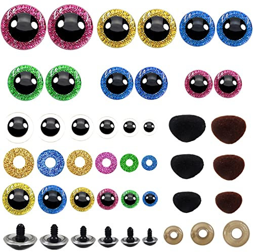 TOAOB 72 Set 12 bis 30mm Sicherheitsnasen und Sicherheitsaugen für Häkeltiere Groß Puppenaugen Glitzer Bunt Tieraugen für Häkeltiere Marionette Puppenherstellung