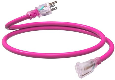 EP SJTW 3 Foot Illuminated End Extension Cable, 12/3 Gauge, Heavy Duty Extension Lead with 3 Pin Plug, 15AMP 1875W 12AWG, Pink