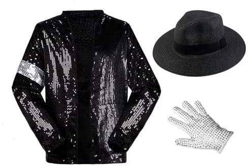 Shuanghao Kostüme Anzugjacken Jacket Top+Hat+Glove 3PS für Erwachsene Kinder Weihnachten Halloween Cosplay Puppe Partys Tänze Retro Punk Männer Frauen Mäntel Outfits Kleidung (Schwarz 175cm)