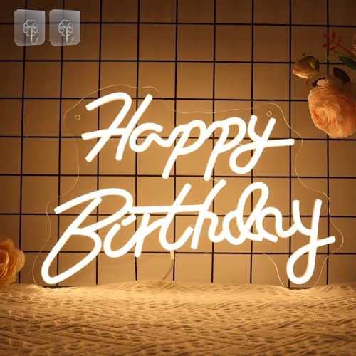 Attivolife - Letrero de neón de feliz cumpleaños para decoración de pared, lámpara LED blanca cálida con alimentación USB regulable, decoración artística para el hogar, dormitorio, fiesta de