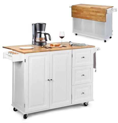 KOMFOTTEU Carro de Cocina con Encimera Plegable, Isla de Cocina con Ruedas, Carro de Servicio con Armario con Puertas y 3 Cajones, Mueble de Almacenamiento con Estantes Ajustables (Blanco)