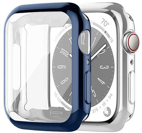 2 Pack Funda Compatible con Apple Watch Series 9/8/7 45mm Protector de Pantalla,Protector Funda TPU Suave Cover Protección Completa para iWatch Series 45mm Case，Azul Oscuro/Transparente