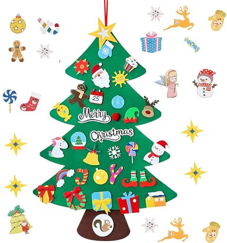 Árbol de Navidad de Fieltro 3D, decoración de árbol de Navidad de Fieltro Hecha a Mano con Adornos Desmontables y Cadena de Luces, Regalos para niños, Decoraciones navideñas de Año Nuevo, Style 8