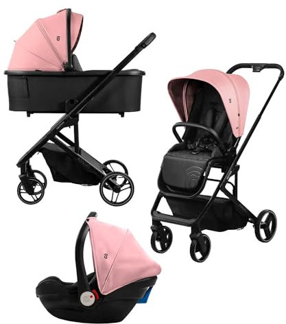 Asalvo NEWTON Trio Poussette bébé 3 pièces, 0-6 ans, jusqu'à 22 kg, pliable, compacte et inclinable avec siège auto bébé, accessoires, chaise réversible, large nacelle, rose