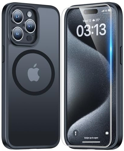 TAURI 5 in 1 für iPhone 15 Pro Hülle [Kompatibel mit Magsafe], mit 2 Displayschutzfolien + 2 Kameraschutz, Matte Handyhülle für iPhone 15 Pro Case 6,1 Zoll - Matte Schwarz