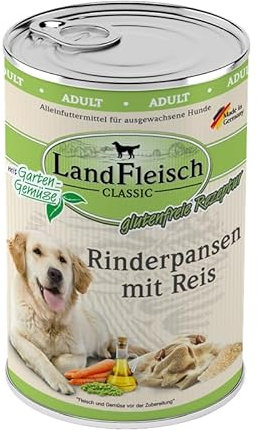 Landfleisch Classic Hundefutter 6 x 400g | Rinderpansen mit Reis | Mit hochwertigem Fleisch, Rapsöl (Omega-3 & 6), ohne Gluten, Zucker, GVO & Soja | Nassfutter für Hunde