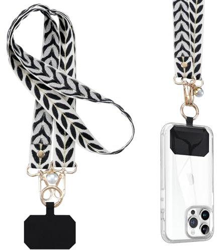 Olgary Tour de Cou Téléphone Universelle Cordon Collier Réglable, Lanières Large de Smartphone en Bandoulière Portable avec Patch, Sangle en Coton Perle Bijou pour Femme, Feuilles de Vigne Noires