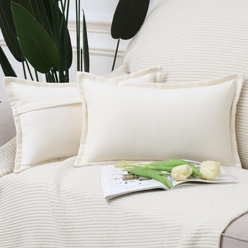 Madizz 2er Set Fransen Chenille Schlicht Zierkissenbezüge Modern Kissenbezug Kissenhülle Sofakissen Lendenkissen für Sofa Schlafzimmer Cremeweiß 40x60 cm