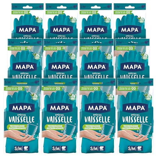 MAPA - Spécial Vaisselle - Gants de Ménage Antidérapants mix Latex et Nitrile - Intérieur Coton - Séchage express – 12 paires - Taille M/L