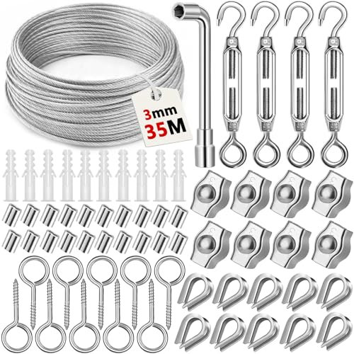 VIPNAJI Cavo Acciaio, 35M/3mm Kit Fune Acciaio, 304 Kit Fune Acciaio Inox, Cavo Corda in Acciaio Inox, Fune Tenditore in Acciaio Inossidabile per Appendere Stendibiancheria Giardino Tende