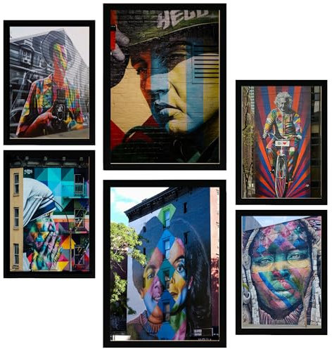 Nacnic-Set mit 6 Dekorative Malerei Graffiti, Frida, Jackson, Teresa, Einstein. Straßenkunst Gerahmtes Poster mit Design-Illustrationen zur Dekoration der Wände A3 & A4 Schwarzer Rahmen